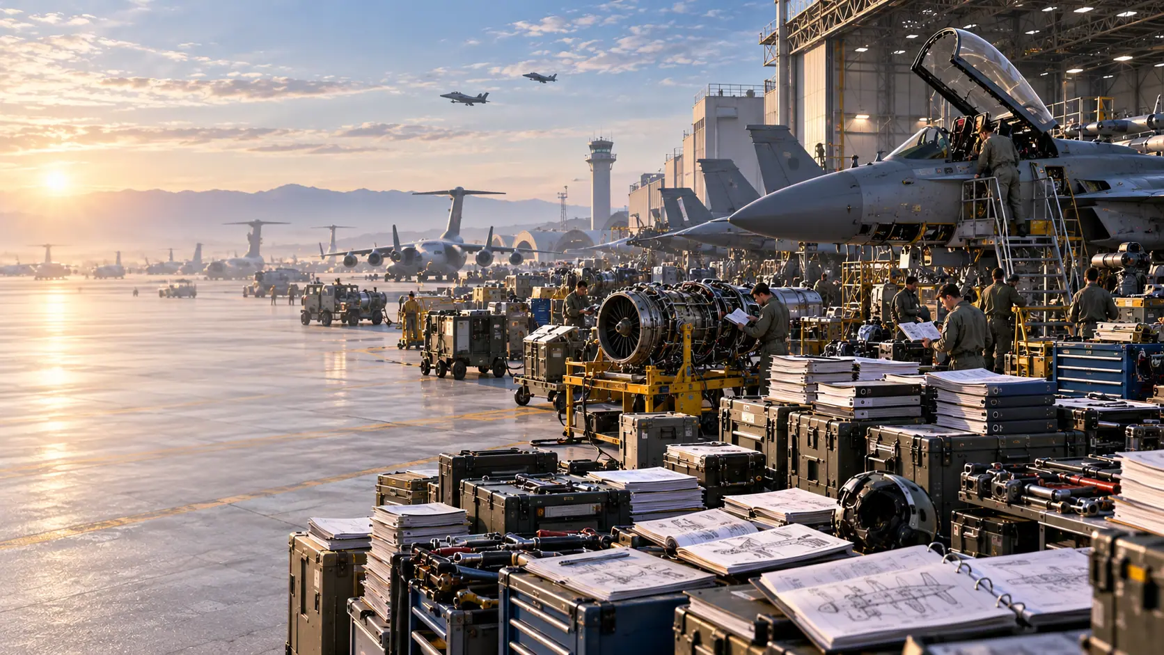A maintenance apron at dawn with aircraft, engines and technical manuals.