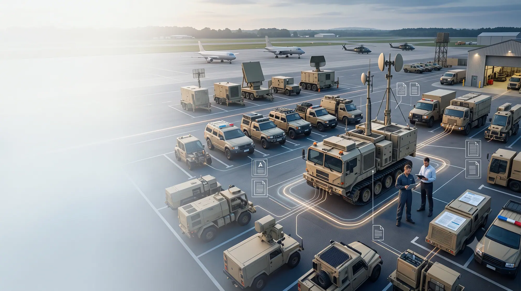 An overhead view of a mixed fleet of vehicles and equipment linked to their records.