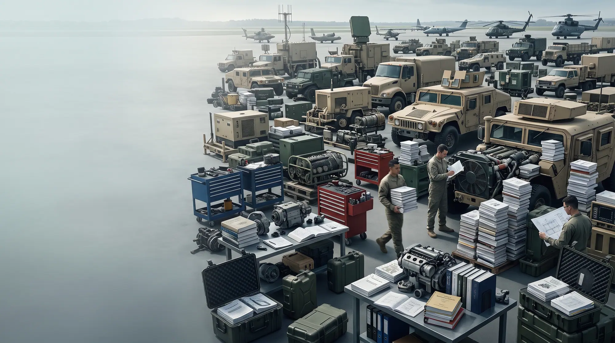 An apron of vehicles, engines, radar and stacks of technical manuals — the asset is physical, its knowledge is scattered.