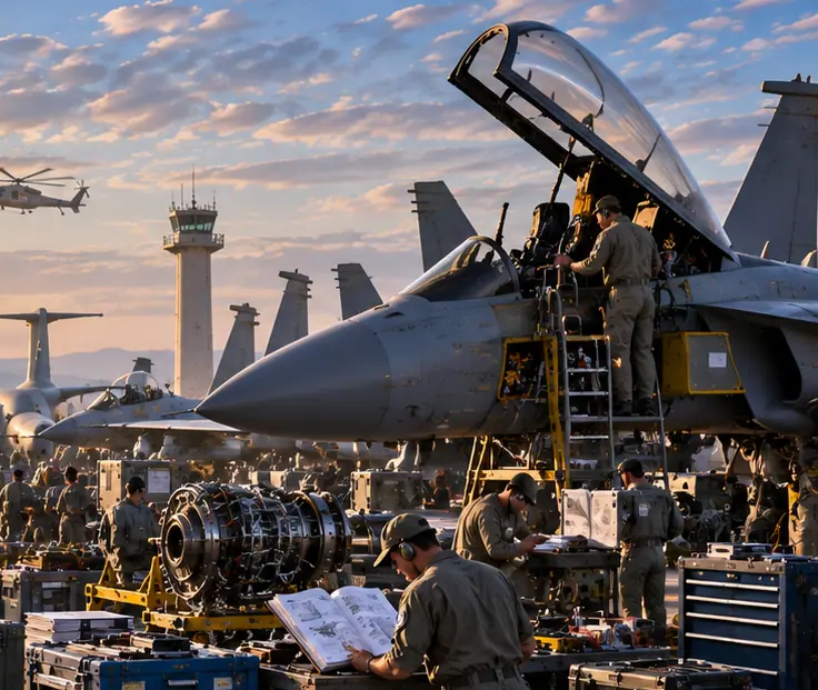 A technician working beside an aircraft nose — identification, data plate and configuration define the asset.