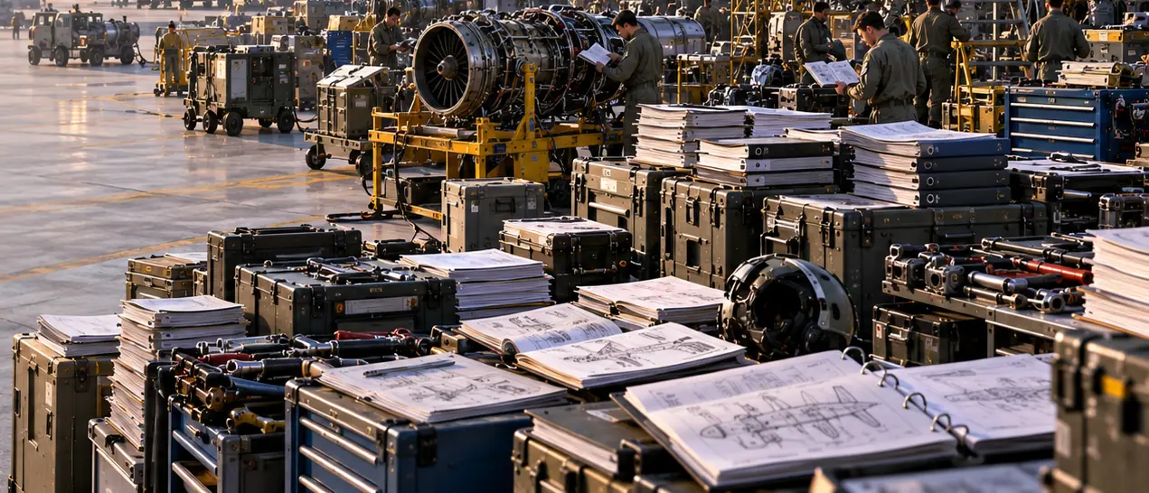 Technical manuals and schematics beside equipment — authorised knowledge tied to the physical asset.