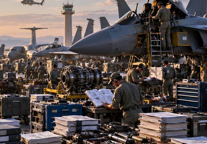 A technician inspecting an engine with a manual open — inspection evidence being captured in the field.