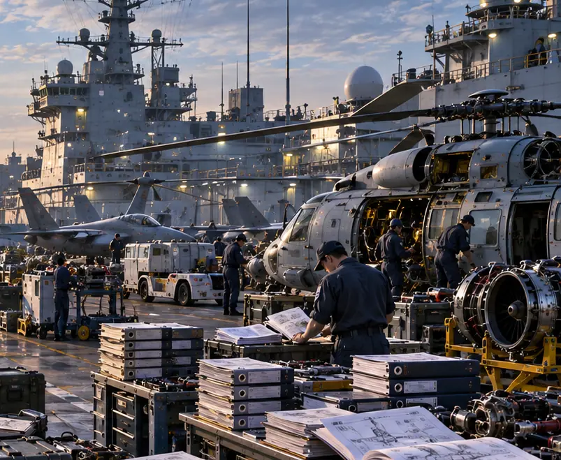 A technician consulting drawings beside an open helicopter engine bay on a naval pier.