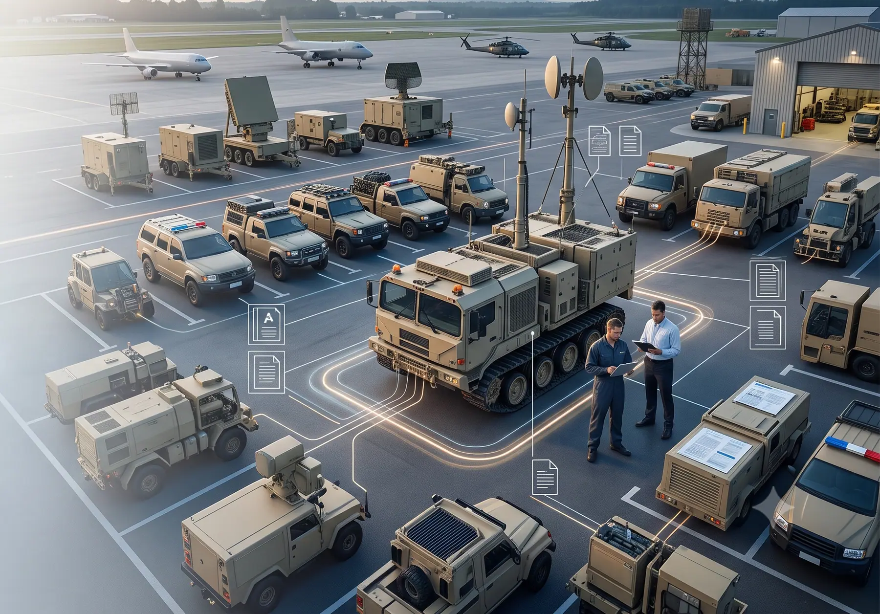 An overhead view of a mixed vehicle and equipment fleet, each asset linked to its records.
