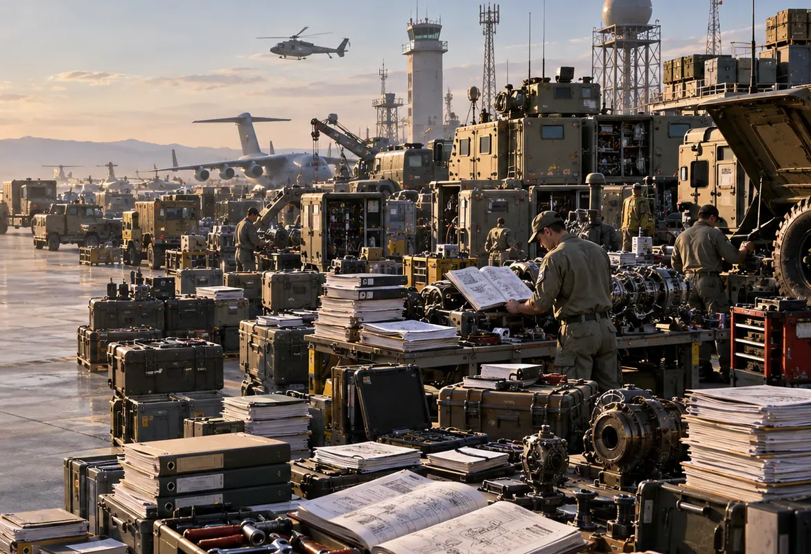 A darkened equipment apron behind the Chaukas intelligence chain, from physical asset to authoritative record.