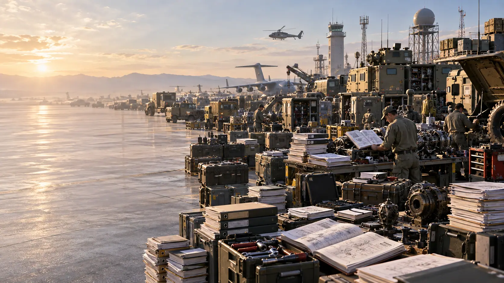 Vehicles and equipment on an airfield apron at sunrise.