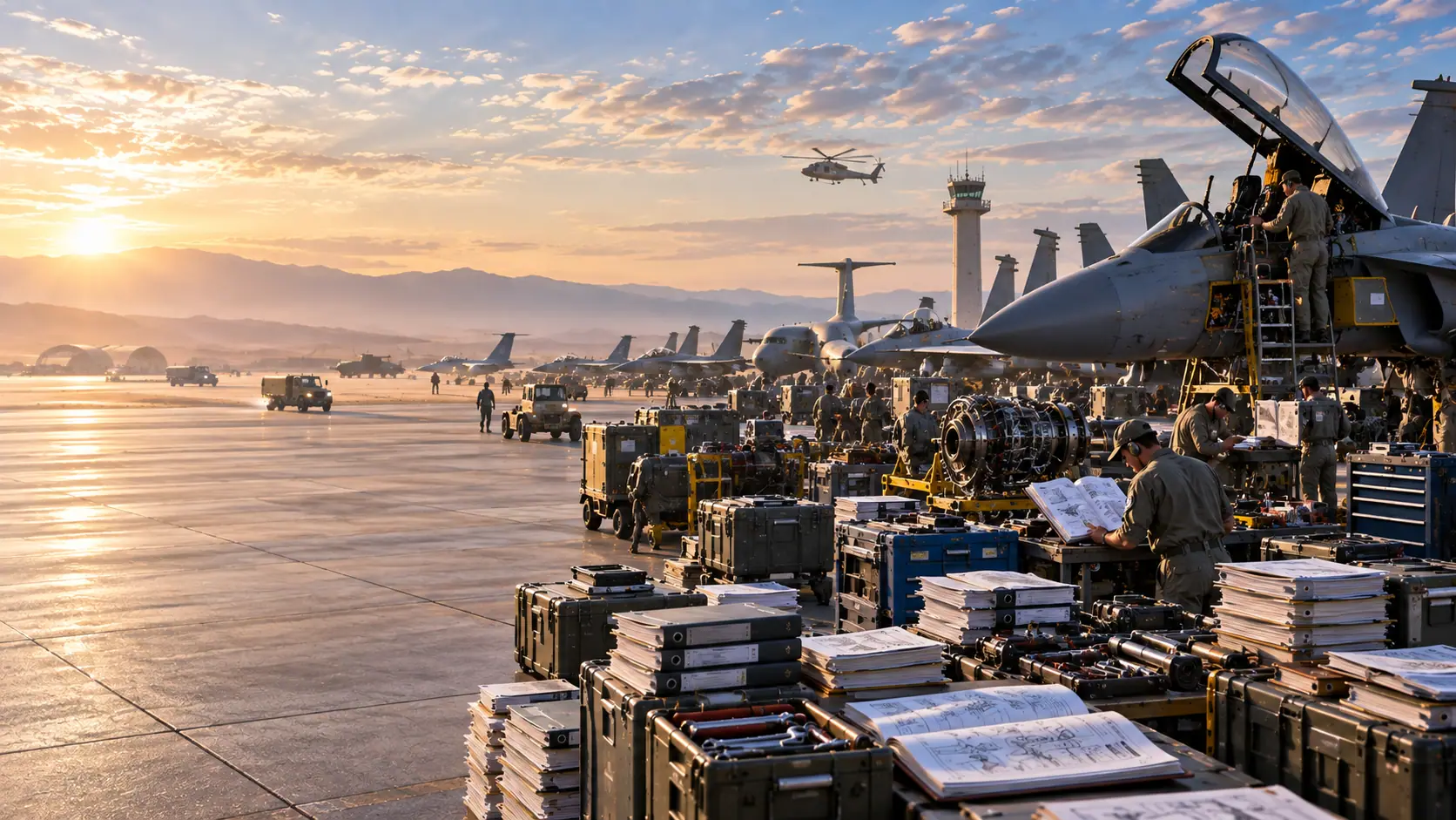 Aircraft on a maintenance line at sunrise, with technicians and technical manuals.