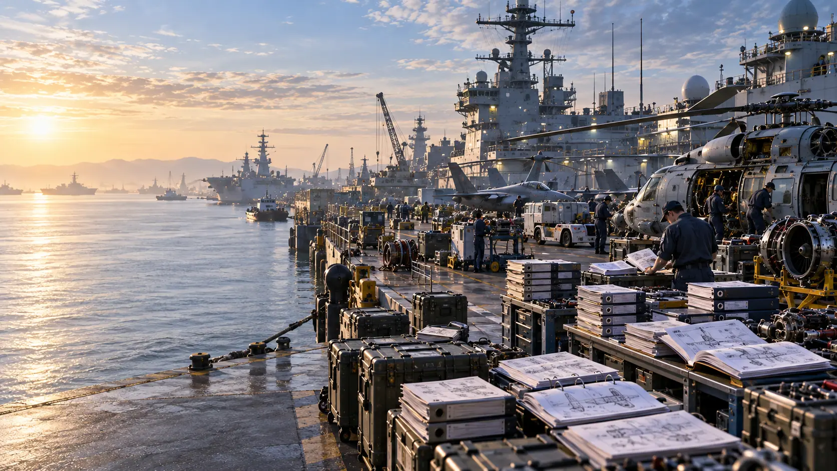 A naval pier at sunrise with ships and technical equipment.